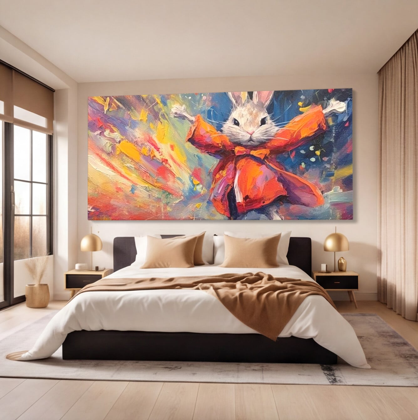 Tablou canvas cu tablou canvas cu iepuras magician colorat, fara rama, pe sasiu de lemn, pe perete intr-un dormitor